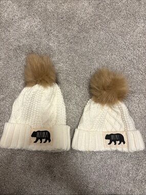Rae Dunn Mama & Mini Ivory Cable Knit Pom Beanie Set